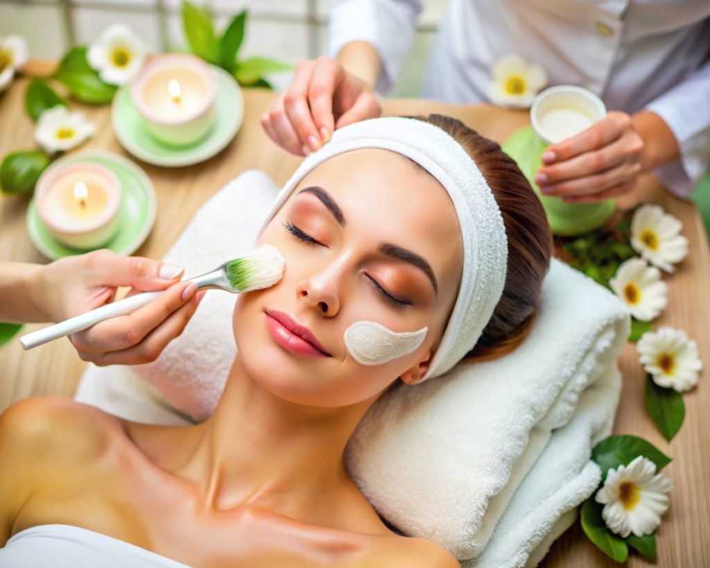 Therapist applying a facial treatment with a brush to a woman's face at The Bali Spa, a spa in Hyderabad