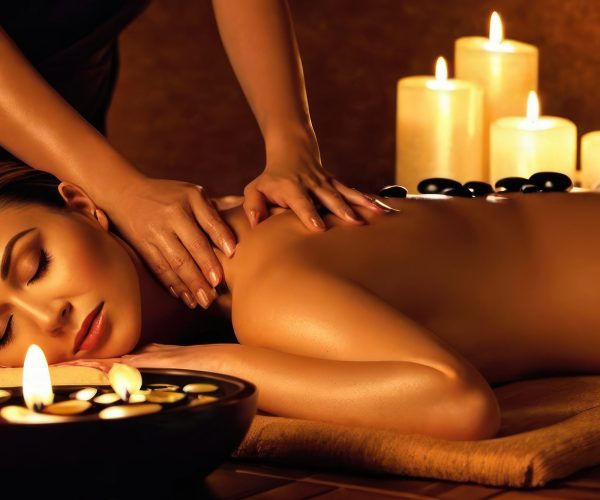 Beautiful woman receiving back hot stones massage in beauty spa salon. Beauty treatment concept. Generative AI