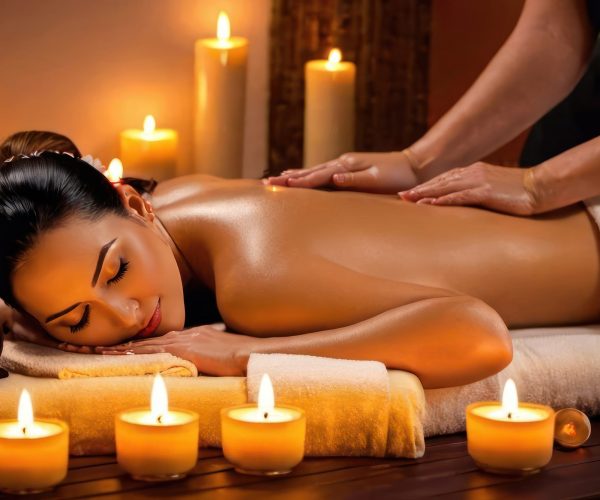 Beautiful woman receiving back massage in beauty spa salon. Beauty treatment concept. Generative AI